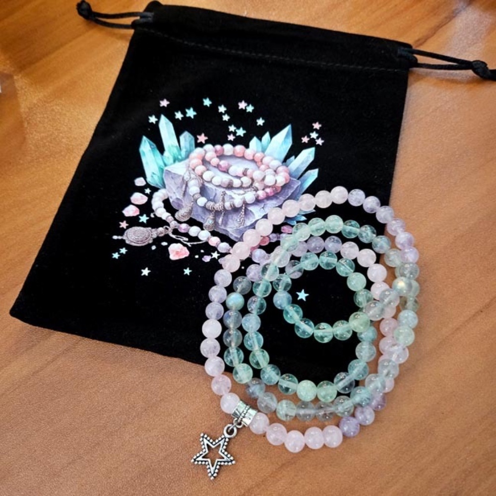 Green Fluorite, Black Moonstone, Lilac Amethyst and Rose Quartz Prayer Beads